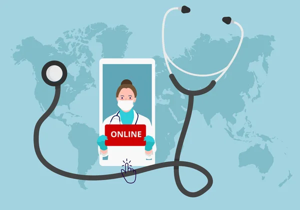Consulenza medica online utilizzando lo stetoscopio sanitario per smartphone telefonico — Vettoriale Stock