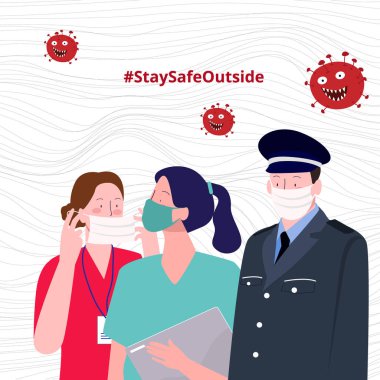 Virüsten korunmak için maske takan insanlar hemşireden polise yayılıyor. Dışarıda güvende kalın.