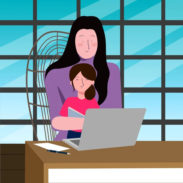 Eine Vektorillustration einer Mutter, die an einem Laptop arbeitet, während sie ihre Kinder hält. Bei Pandemie von zu Hause aus arbeiten — Stockvektor