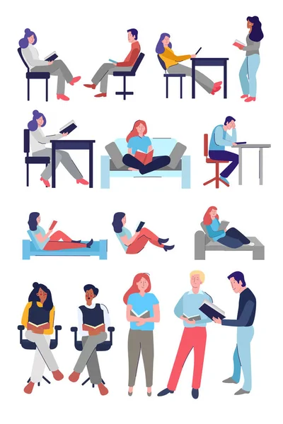 Verzameling set van cartoon karakter man vrouw zitten en staande leren lezen boek student — Stockvector