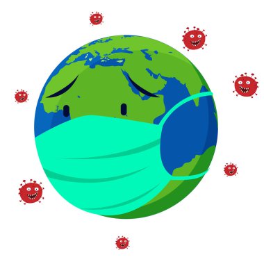 Tıbbi maske, Coronavirus covid-19 'un yayılmasını önler. Yeşil tıbbi maskeli dünya. Koronavirüs karantina vektör çizimi kavramı..