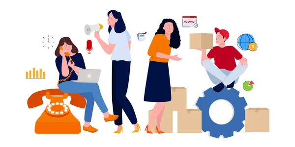 Customer service receives customer marketing calls promoting product delivery packages received by women. modern style cartoon illustration concept. — Stock Vector