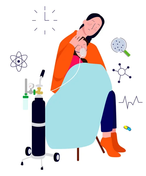 病気の子供は母親の腕の中で酸素呼吸器を使う。現代の漫画風イラスト. — ストックベクタ