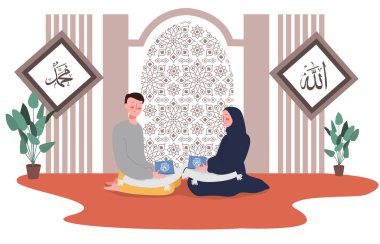 Erkek ve kadın camide Kuran 'ı birlikte okuyorlar. Müslüman aile aktivitelerinin modern tasarım vektörü çizimi
