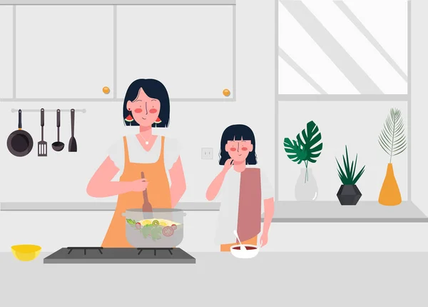 Mamma lär sin dotter laga grönsakssoppa i köket. modern platt tecknad stil. — Stock vektor