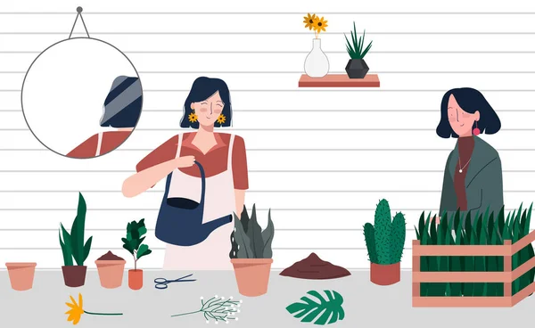 Femme apprendre à son ami à prendre soin des plantes d'intérieur. Jardinage planteur et cactus en pot — Image vectorielle