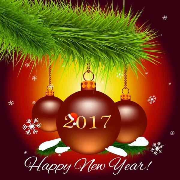 Cartão de Natal com galho de árvore de Natal e bolas de Natal, e as palavras "Feliz Ano Novo". Ilustração vetorial —  Vetores de Stock