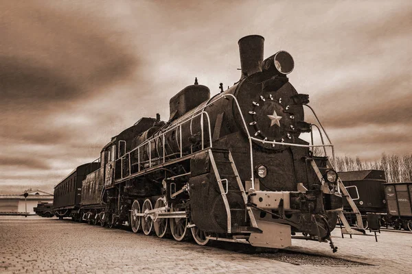 Een Oude Zwarte Sovjet Stoomlocomotief Met Een Ster Romp Sepia — Stockfoto