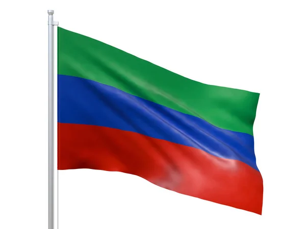 Dagestanische Republik (föderales Subjekt Russlands) Flagge weht auf weißem Hintergrund, Großaufnahme, isoliert. 3D-Darstellung — Stockfoto