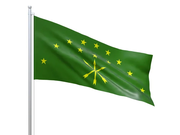 República de Adygea (sujeto federal de Rusia) bandera ondeando sobre fondo blanco, de cerca, aislado. Renderizado 3D — Foto de Stock