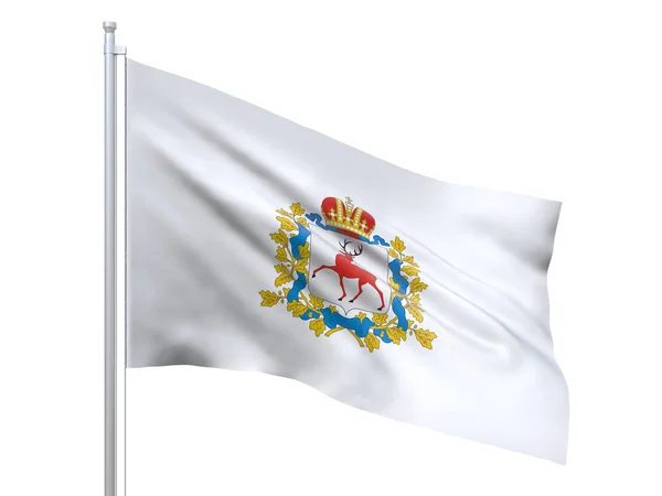 Région de Nijni-Novgorod (sujet fédéral de la Russie) drapeau agitant sur fond blanc, gros plan, isolé. rendu 3D — Photo