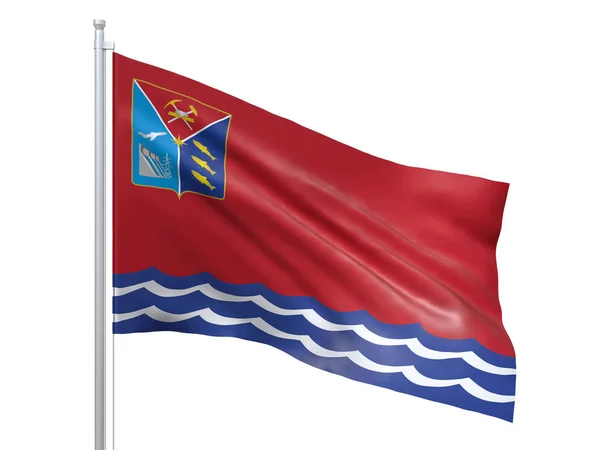 Oblast 'di Magadan (soggetto federale della Russia) bandiera sventola su sfondo bianco, da vicino, isolato. Rendering 3D — Foto Stock