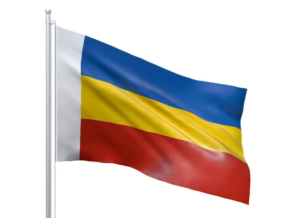 Rostov oblast (Sujeito federal da Rússia) bandeira acenando em fundo branco, de perto, isolado. Renderização 3D — Fotografia de Stock