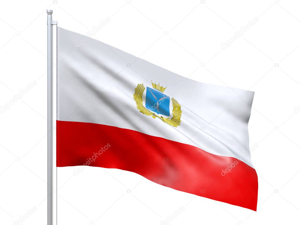 Saratov oblast (Federal subject of Russia) flag waving on white background, close up, isolated. 3D render