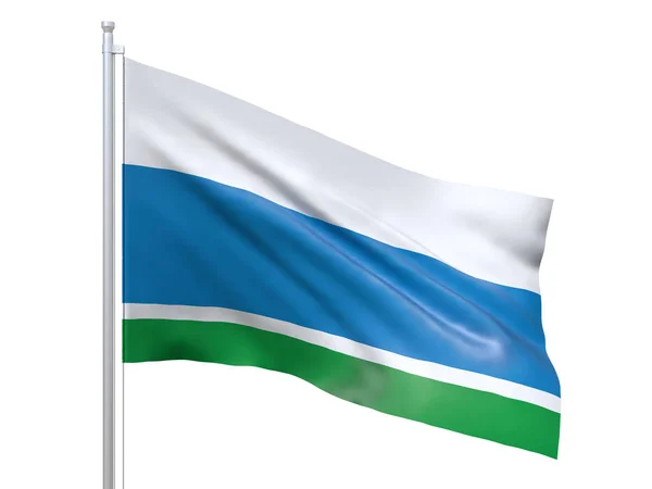 Oblast 'di Sverdlovsk (soggetto federale della Russia) bandiera sventola su sfondo bianco, da vicino, isolato. Rendering 3D — Foto Stock