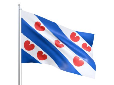 Frizce (Hollanda eyaleti) beyaz arka planda dalgalanan bayrak, yakın, izole. 3 Boyutlu Hazırlama