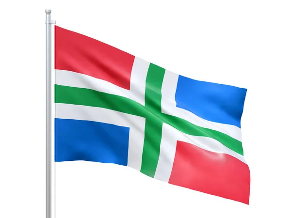 Beyaz arka planda dalgalanan Groningen (Hollanda eyaleti) bayrağı, yakın çekim, izole. 3 Boyutlu Hazırlama