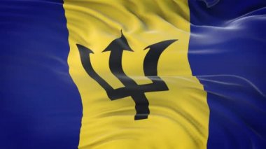 Barbados bayrağı son derece detaylı kumaş dokusuyla rüzgarda dalgalanıyor. Kusursuz döngü