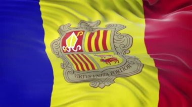 Andorra bayrağı son derece detaylı kumaş dokusuyla rüzgarda dalgalanıyor. Kusursuz döngü