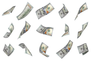 Beyaz arka planda uçan para. 100 dolarlık banknotlar.