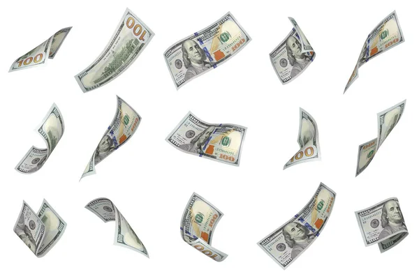 Beyaz arka planda uçan para. 100 dolarlık banknotlar.