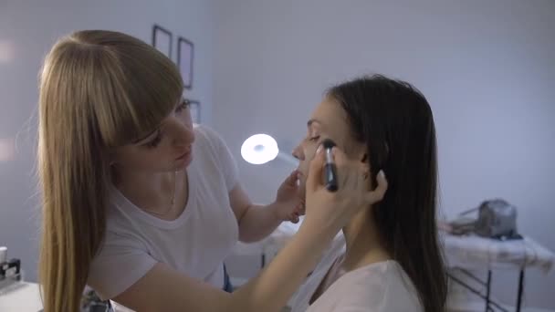Professionell Make Artist Arbetar Med Pensel Närbild Kosmetika Mode Skönhet — Stockvideo
