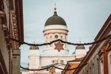 Finnish Cathedral in Helsinki. beautiful Christmas decorations in the background of the city