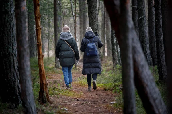 two girls walking in the woods. look from the back, down jackets.