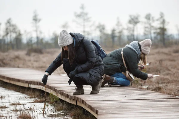 Две девочки гуляют на природе и смотрят на лед — стоковое фото