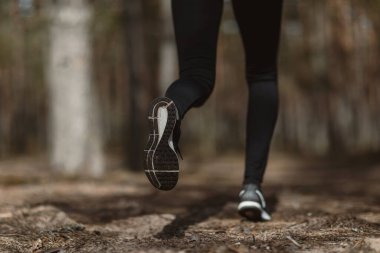 Ormanda koşmak. Kız çam ormanlarında spor yapıyor..