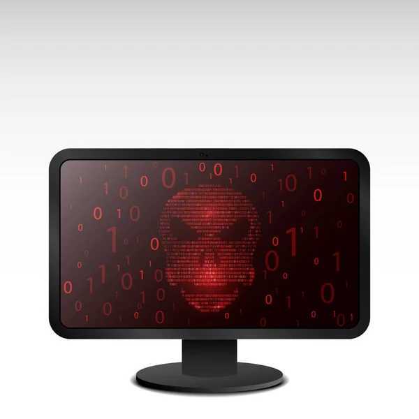 Komputer posiekany. Czaszka na ekranie (kod binarny, ekranu, kolor czerwony) — Wektor stockowy
