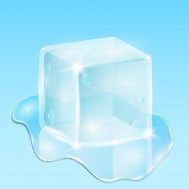 Açık mavi renkli eriyen buz küpü. Bir damla su akan