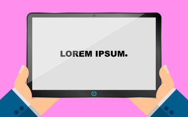 Bir adam bir tablet elinde tutar ve sıkıcı, düz ekran görünüyor. Yeni teknolojilerin tasarım. Düz stil