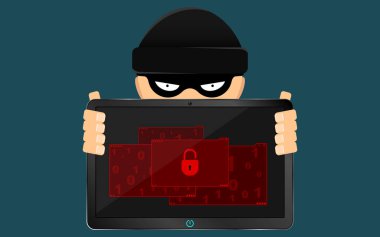 Bir hacker ve bir çapkın bir kırık tablet ellerinde tutuyor. Ciddi bir sorun, veri kaybı. Düz stil. Birçok klasörleri açma