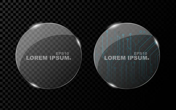Ένα πανό από μια επίπεδη ρεαλιστική κύκλο και από ένα λαμπρό, φωτεινό 3d γυαλί σε σκούρο φόντο διαφανές. Νέα τεχνολογία, cyber υφή, όμορφη, μπλε μοτίβο — Διανυσματικό Αρχείο