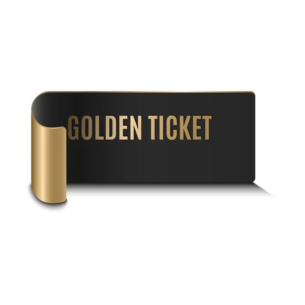 Biglietto realistico in oro nero, nastro d'oro. Nastro su sfondo bianco scarta ombre uniformi. Oggetto volumetrico — Vettoriale Stock