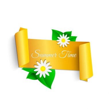 Gerçekçi, sarı, şerit yaprakları, bitkiler ve çiçekler ile yaz tarzda kıvranma. Papatya çiçeği. Parlak yaz illüstrasyon. Web tasarımı için