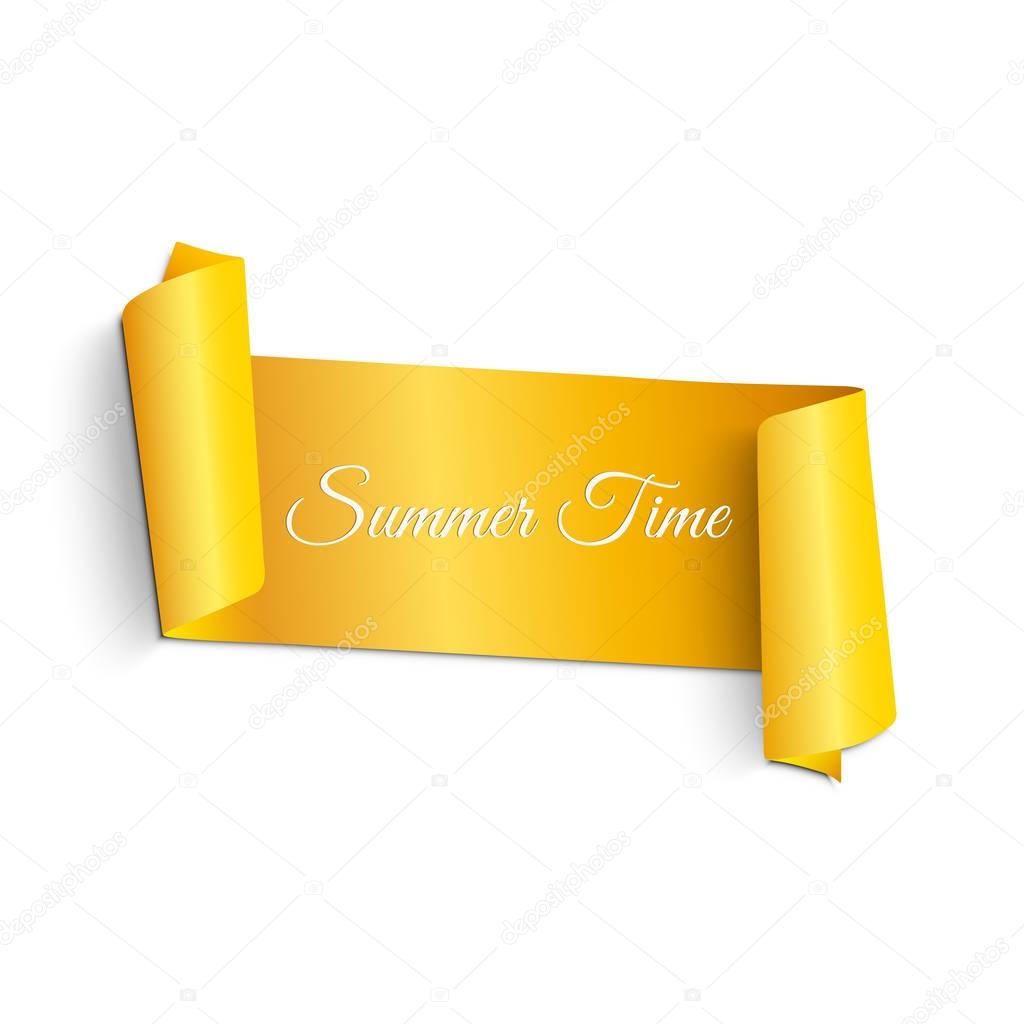 Realistic, yellow, wriggling ribbon in summer style. Banner for text. Bright summer illustration. For web design. White background