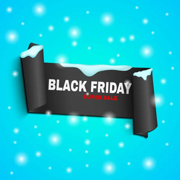 Black Friday Super Sale. Banner aus einer schwarzen Schleife mit schneeweißem und rotem Text. Illustration auf blauem und schneebedecktem Hintergrund. Ereignis des Jahres. Schneeflocken fallen — Stockvektor