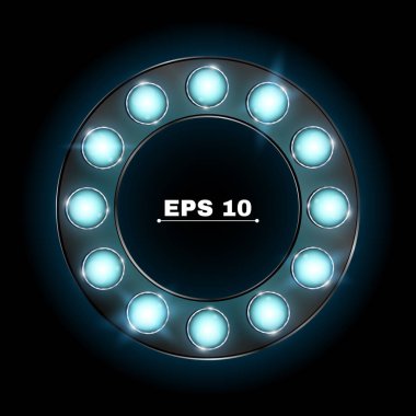Işıklı yuvarlak reklam afişi mavi neon ampul yaptı. Tema casino ve çeşitli programlar göster. Gerçekçi vektör çizim. Parlayan cam. Lambalar karanlıkta parlayan