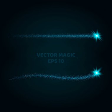 Sihirli mavi çizgili koyu arka plan üzerinde parlak ve küçük parçacıkların. Parlayan yıldız hareket. Desen vurgulamaktadır. Uçan bir kuyruklu yıldız. Vektör çizim. Parlak yanıp söner