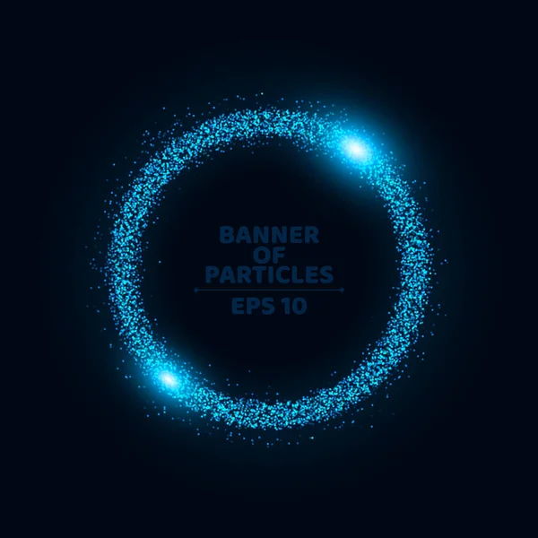 A glowing banner of small, round particles on a dark background. A place for your projects. A magical, spinning circle. Beautiful movement in the night scene. Vector illustration. Shining lights, glar — Stock Vector