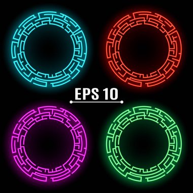 Neon parlayan afiş farklı renklerde. Techno geometrik vektör daire. Modern bilim. Arka plan