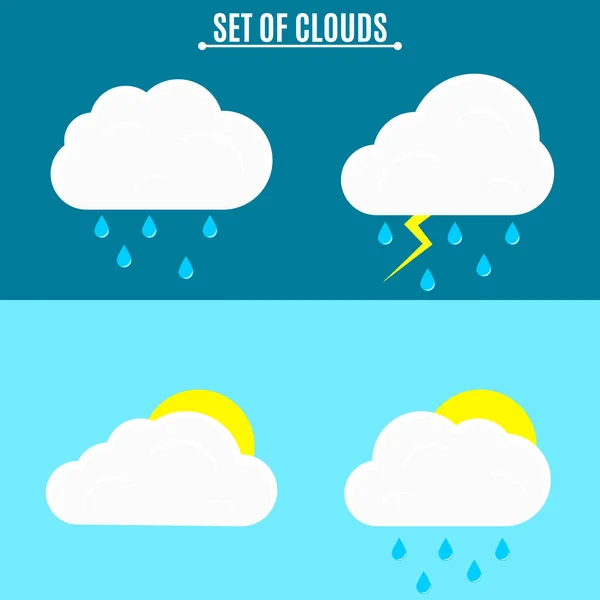 设置。天气。在平面样式简单的矢量图。雷暴和雨在一个黑色的背景上。太阳和大量云光背景上. — 图库矢量图片