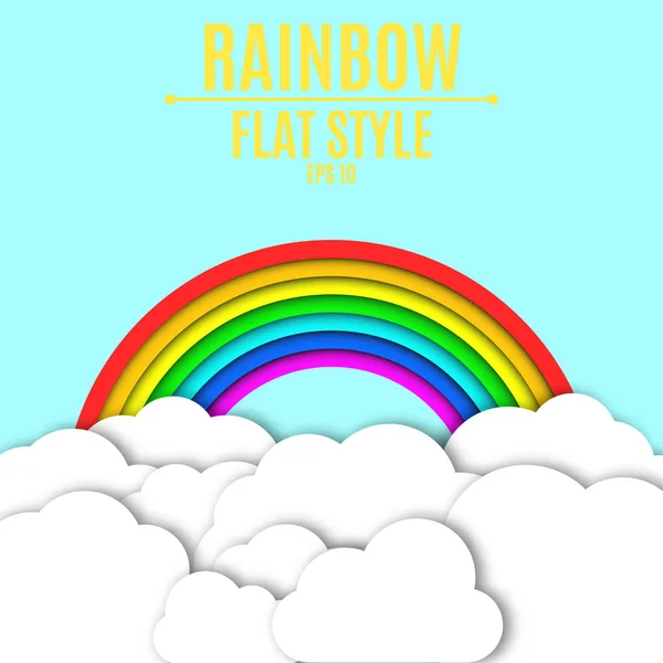 Papier witte wolken en een kleurrijke regenboog met een schaduw. Licht blauwe achtergrond voor uw projecten. Lege ruimte voor tekst. Vectorillustratie in een vlakke stijl — Stockvector