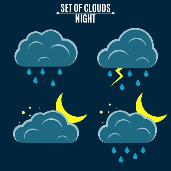 Iconos meteorológicos. Nubes con lluvia. Un mes en la noche. Ilustración vectorial en estilo plano. Medio ambiente — Vector de stock