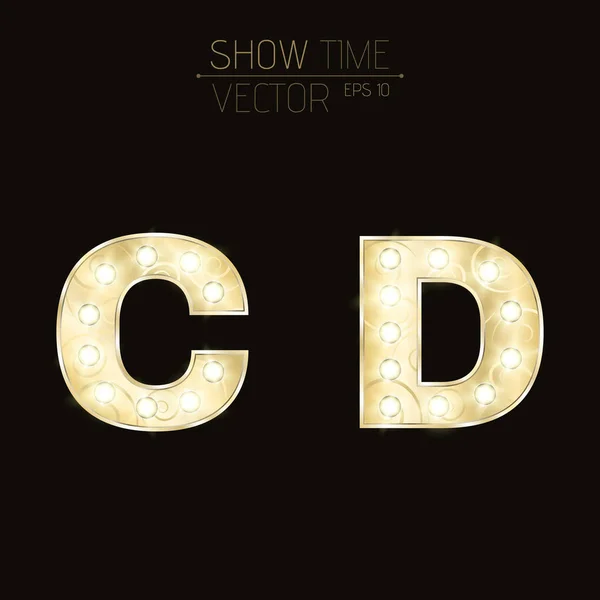 Gouden letters C en D met sprankelende licht bollen en een patroon. Alfabet voor presentaties en shows. Realistische vectorillustratie in 3D-stijl — Stockvector