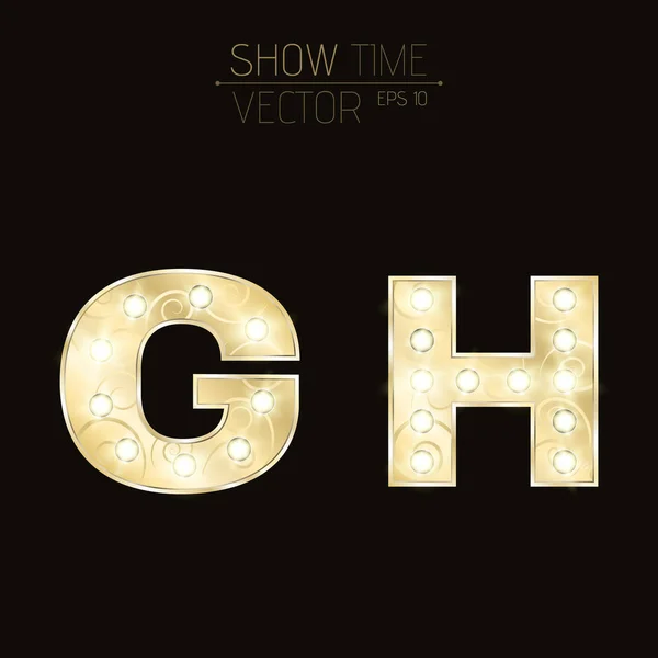 Gouden letters G en H met sprankelende licht bollen en een patroon. Alfabet voor presentaties en shows. Realistische vectorillustratie in 3D-stijl — Stockvector