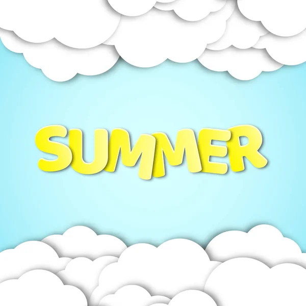 Paper yellow text with the name summer. Paper clouds in the blue sky. Summer background. Vector illustration in a flat style — Stock Vector