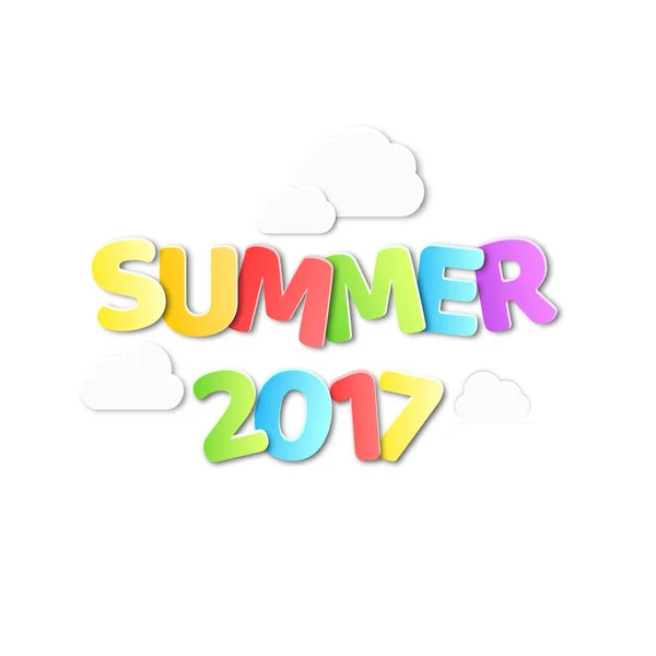Бумажный многоцветный текст с названием лето 2017 года. Бумажные облака на белом фоне. Летний фон. Векторная иллюстрация в плоском стиле — стоковый вектор